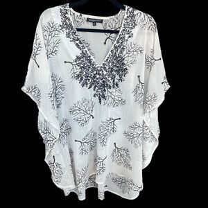 Spiaggia Dolce Blouse Womens Extra‎ Large XL Sheer Beaded Tree Batwing V-neck
